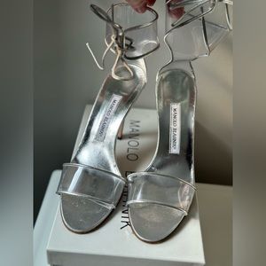 Size 38 Silver Manolo Blahnik “Lucita” High-Heel Ankle-Wrap Sandals